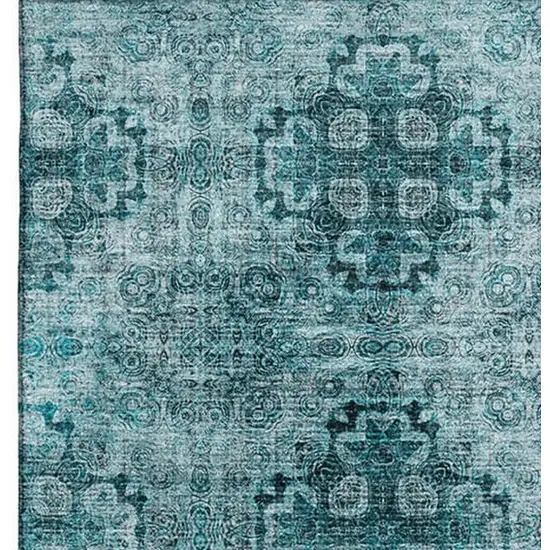 Teal And Ivory Floral Medallion Washable Area Rug With UV Protection Photo 4