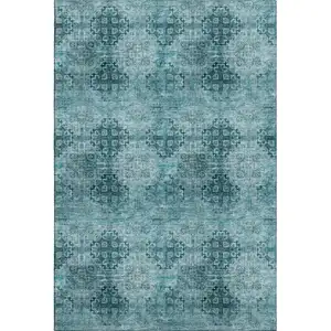 Photo of Teal And Ivory Floral Medallion Washable Area Rug With UV Protection