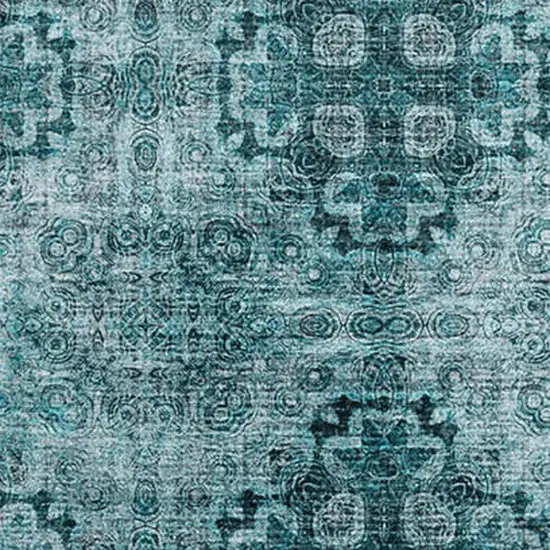 Teal And Ivory Floral Medallion Washable Area Rug With UV Protection Photo 3