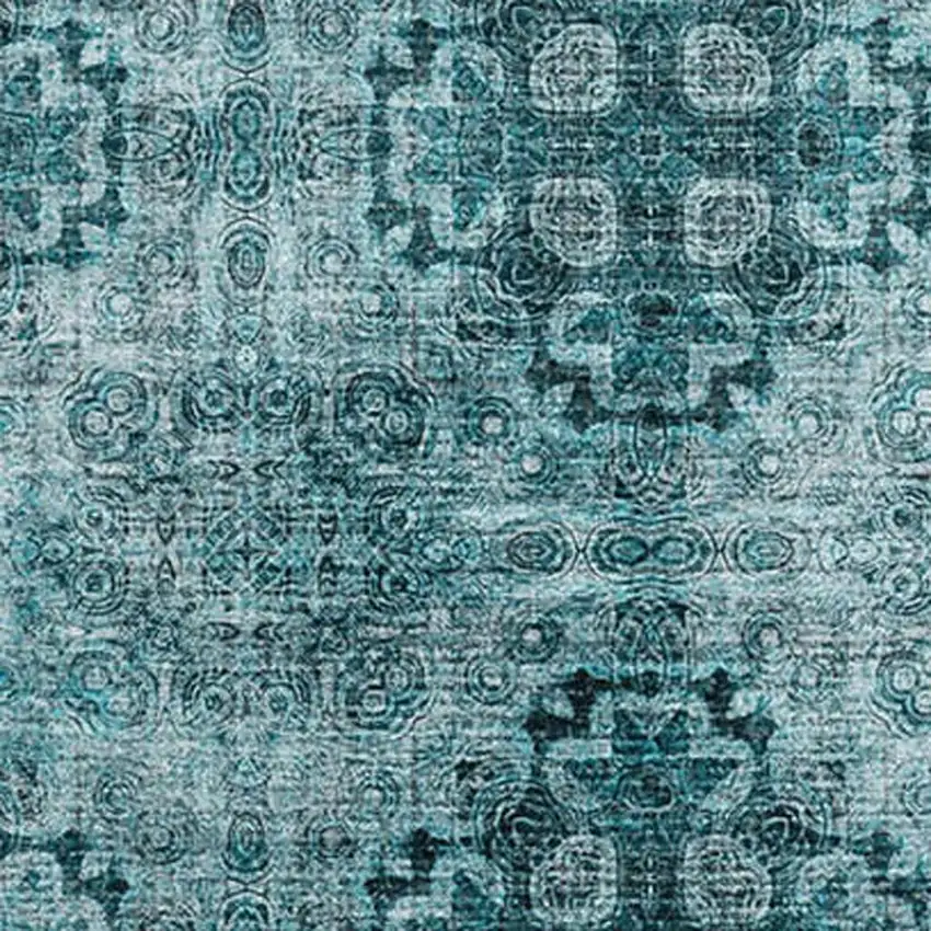 Teal And Ivory Floral Medallion Washable Area Rug With UV Protection Photo 3