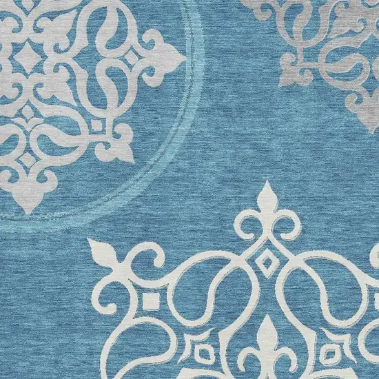 Teal And Ivory Floral Medallion Washable Area Rug With UV Protection Photo 3