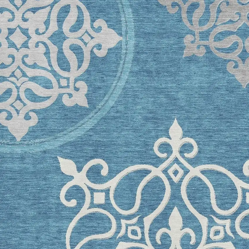 Teal And Ivory Floral Medallion Washable Area Rug With UV Protection Photo 3