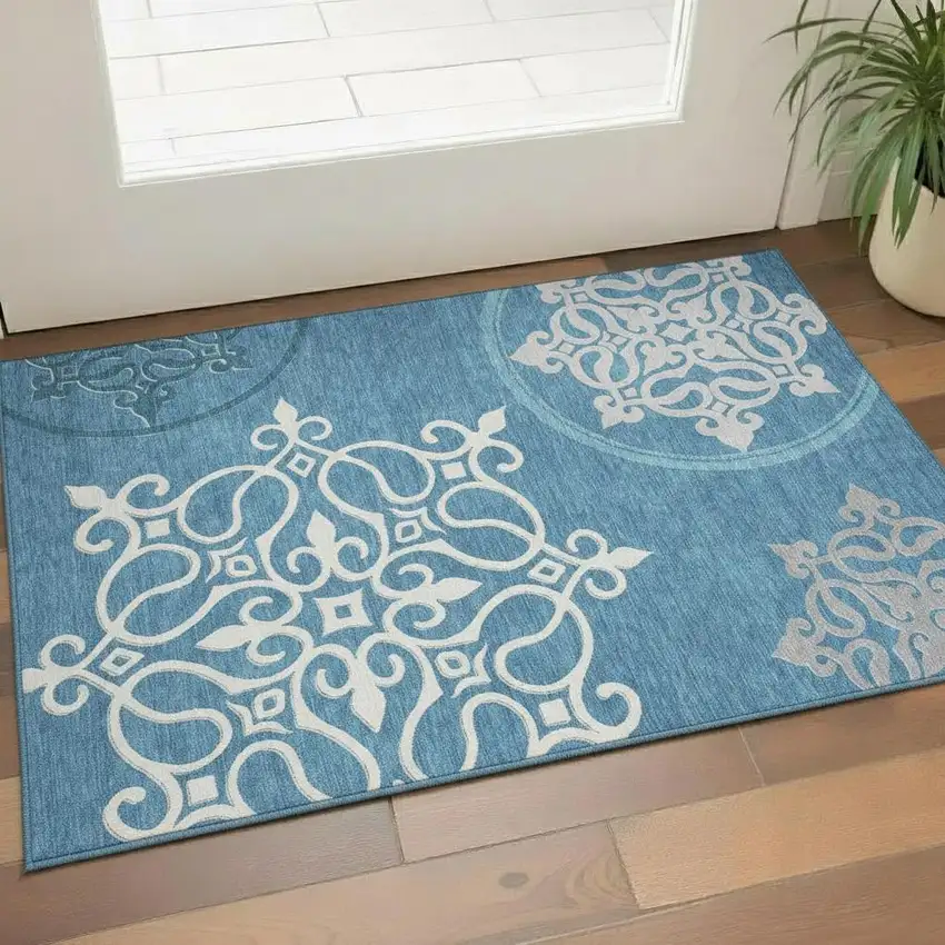Teal And Ivory Floral Medallion Washable Area Rug With UV Protection Photo 1