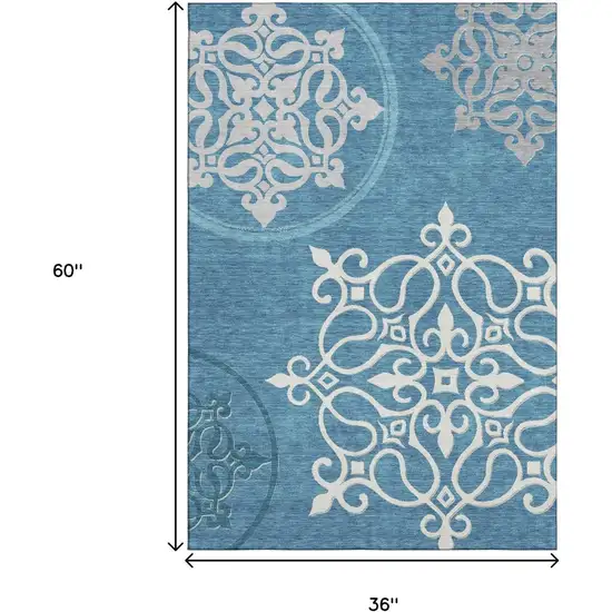 Teal And Ivory Floral Medallion Washable Area Rug With UV Protection Photo 3