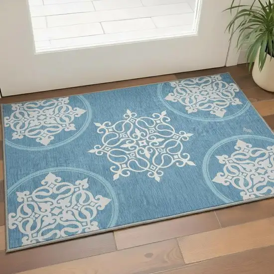 Teal And Ivory Floral Medallion Washable Area Rug With UV Protection Photo 2