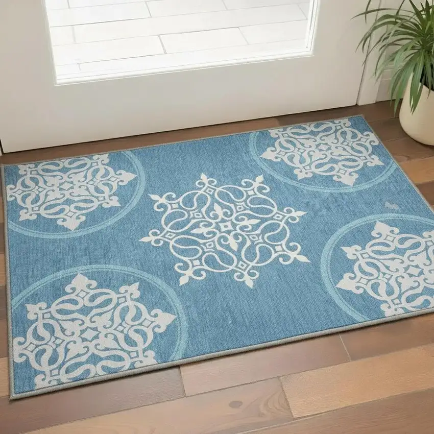 Teal And Ivory Floral Medallion Washable Area Rug With UV Protection Photo 2