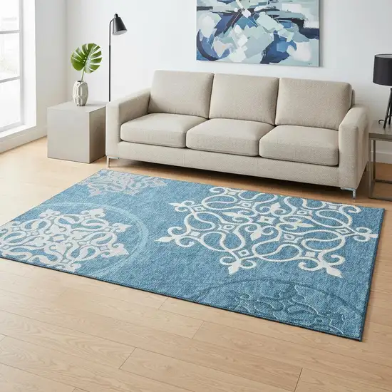 Teal And Ivory Floral Medallion Washable Area Rug With UV Protection Photo 2