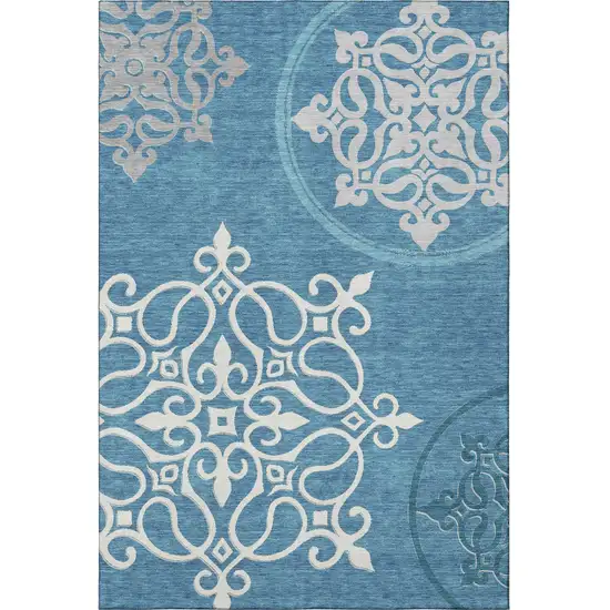 Teal And Ivory Floral Medallion Washable Area Rug With UV Protection Photo 4