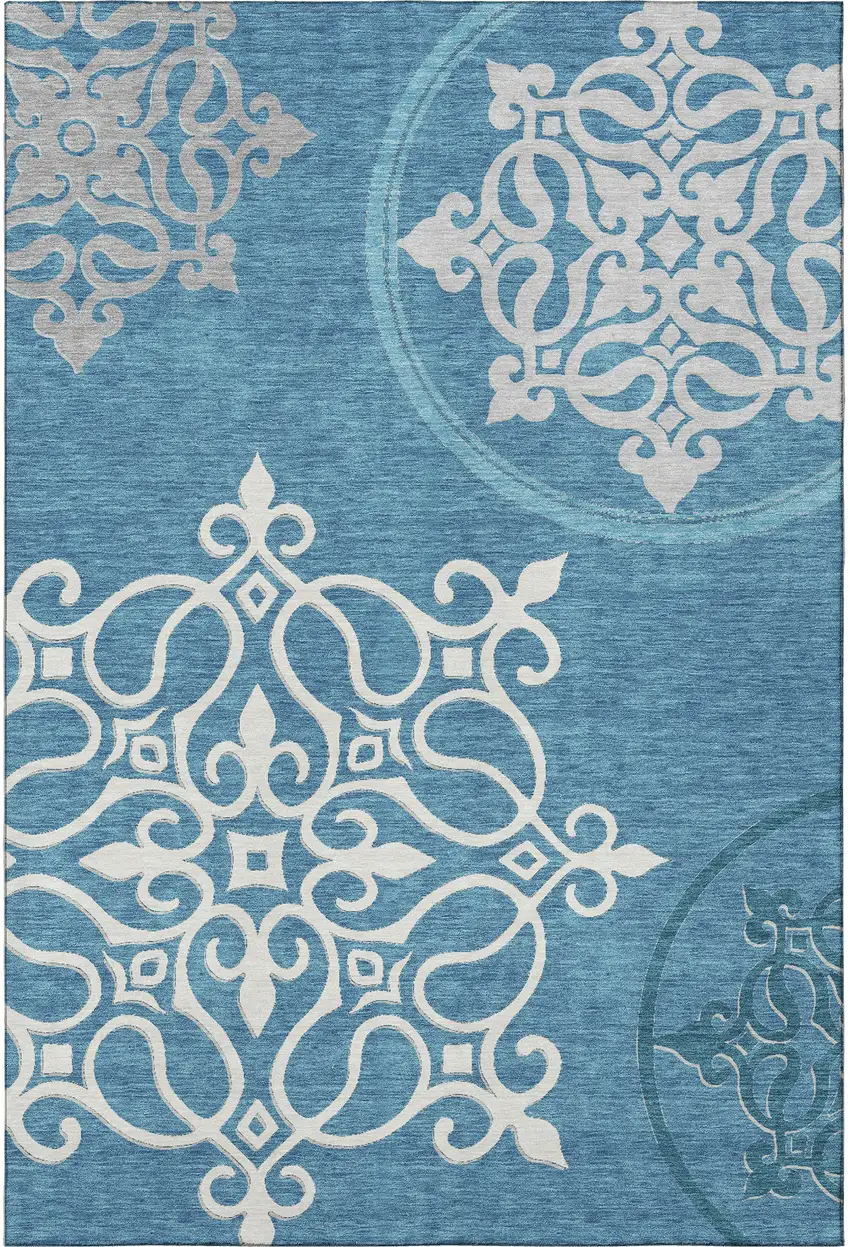 Teal And Ivory Floral Medallion Washable Area Rug With UV Protection Photo 4