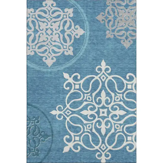 Teal And Ivory Floral Medallion Washable Area Rug With UV Protection Photo 1