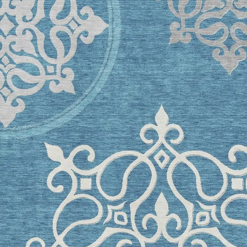 Teal And Ivory Floral Medallion Washable Area Rug With UV Protection Photo 3