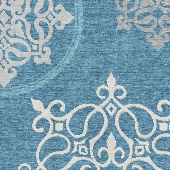 Teal And Ivory Floral Medallion Washable Area Rug With UV Protection Photo 3