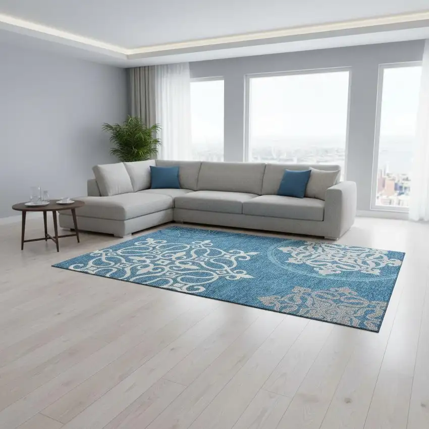 Teal And Ivory Floral Medallion Washable Area Rug With UV Protection Photo 2