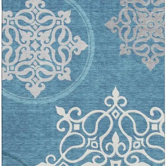 Teal And Ivory Floral Medallion Washable Area Rug With UV Protection Photo 3