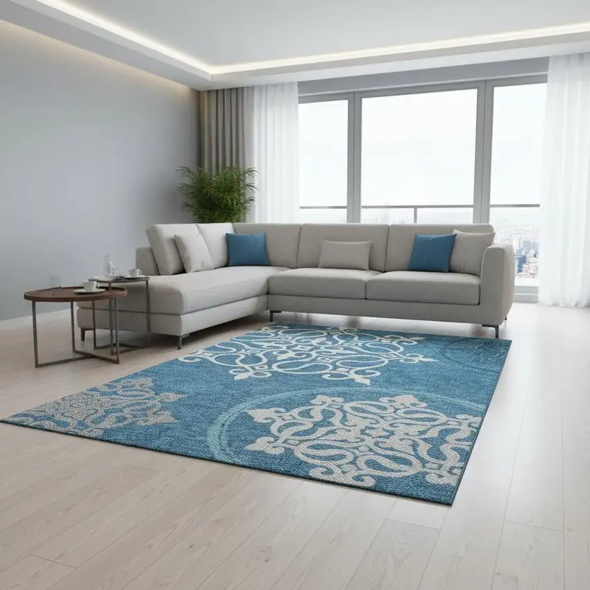 Teal And Ivory Floral Medallion Washable Area Rug With UV Protection Photo 2