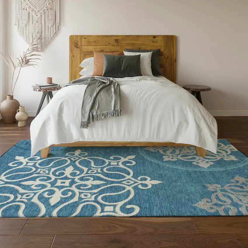 Teal And Ivory Floral Medallion Washable Area Rug With UV Protection Photo 6