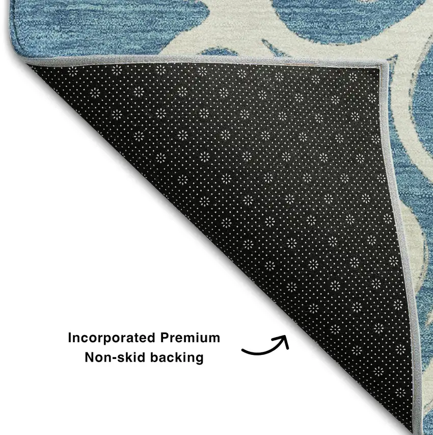 Teal And Ivory Floral Medallion Washable Area Rug With UV Protection Photo 7