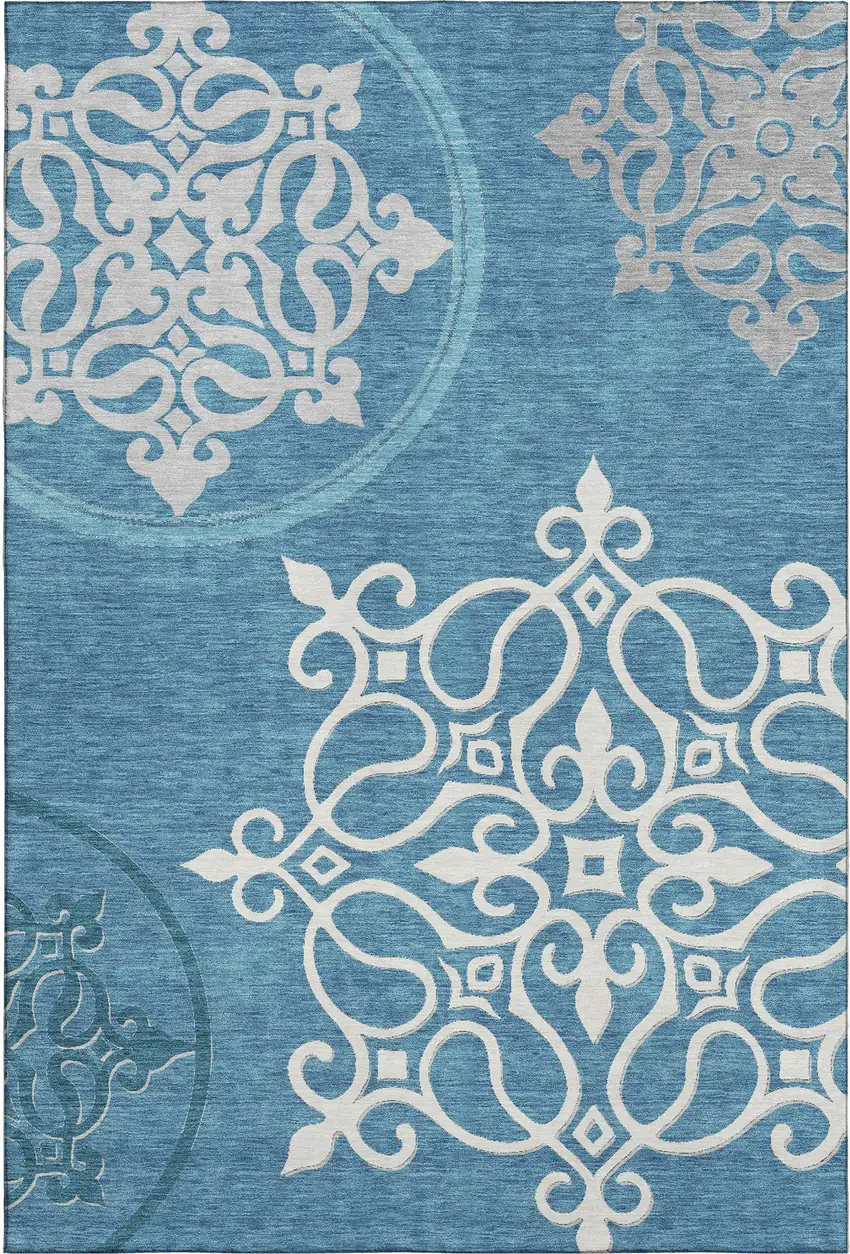 Teal And Ivory Floral Medallion Washable Area Rug With UV Protection Photo 1