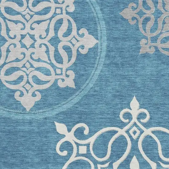 Teal And Ivory Floral Medallion Washable Area Rug With UV Protection Photo 3
