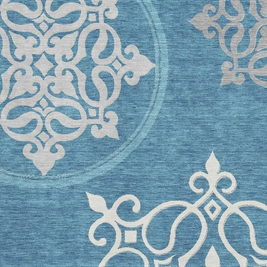 Teal And Ivory Floral Medallion Washable Area Rug With UV Protection Photo 3