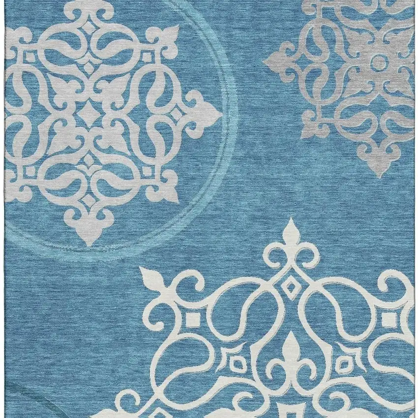 Teal And Ivory Floral Medallion Washable Area Rug With UV Protection Photo 4
