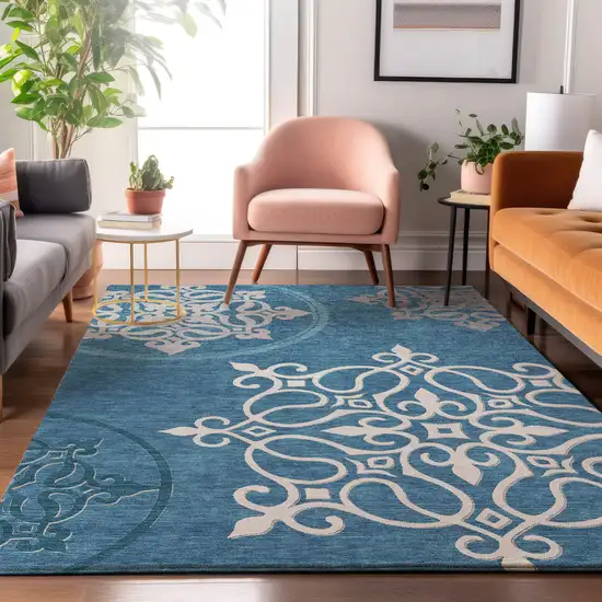 Teal And Ivory Floral Medallion Washable Area Rug With UV Protection Photo 5