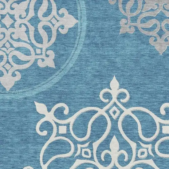 Teal And Ivory Floral Medallion Washable Area Rug With UV Protection Photo 3