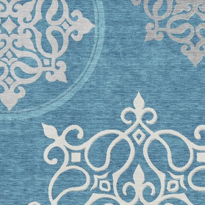 Teal And Ivory Floral Medallion Washable Area Rug With UV Protection Photo 3