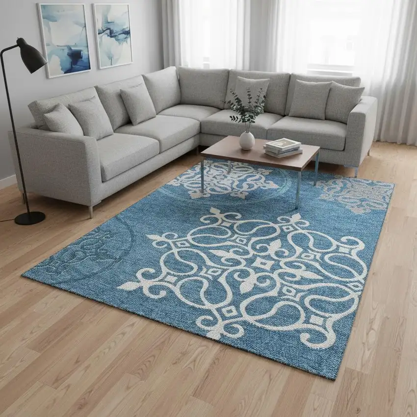 Teal And Ivory Floral Medallion Washable Area Rug With UV Protection Photo 2