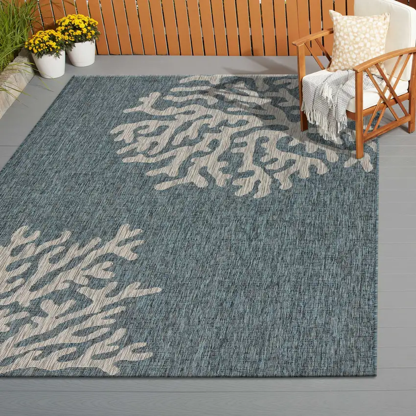 Teal And Ivory Floral Square Rug Photo 5