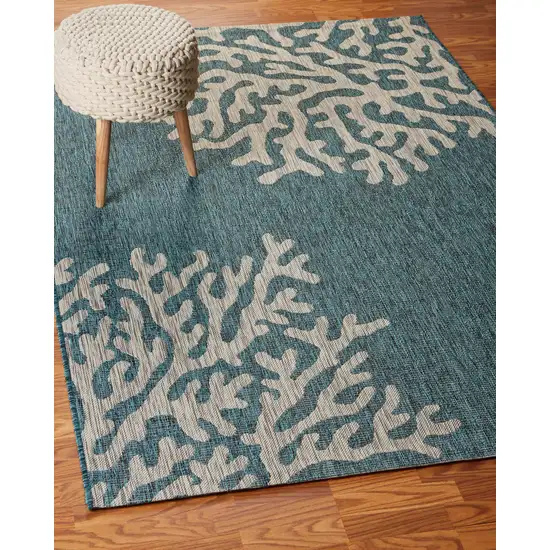 Teal And Ivory Floral Square Rug Photo 6