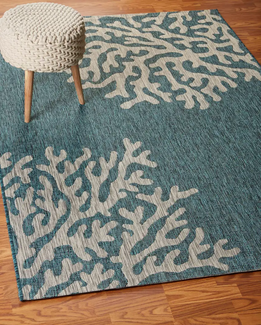 Teal And Ivory Floral Square Rug Photo 6