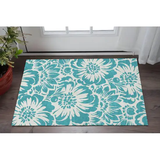 Teal And Ivory Floral Washable Area Rug With UV Protection Photo 2