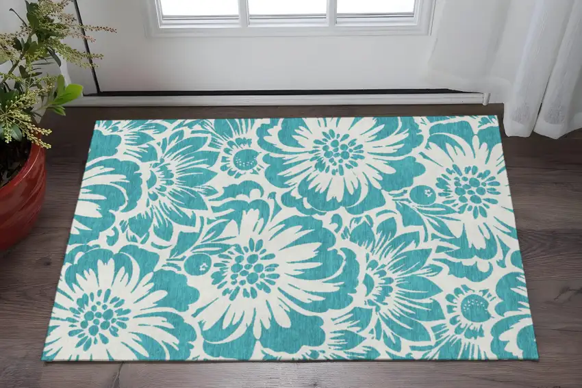 Teal And Ivory Floral Washable Area Rug With UV Protection Photo 2