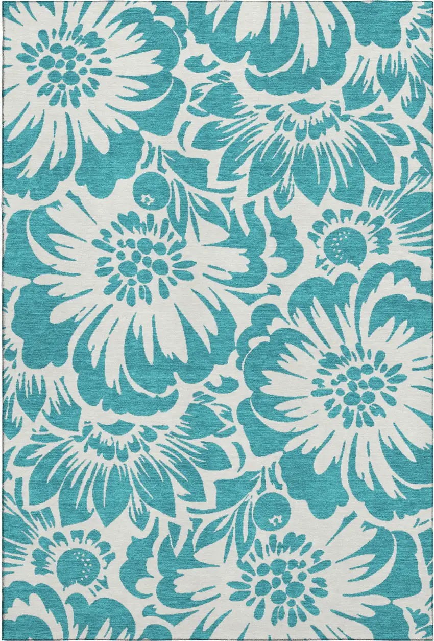 Teal And Ivory Floral Washable Area Rug With UV Protection Photo 1