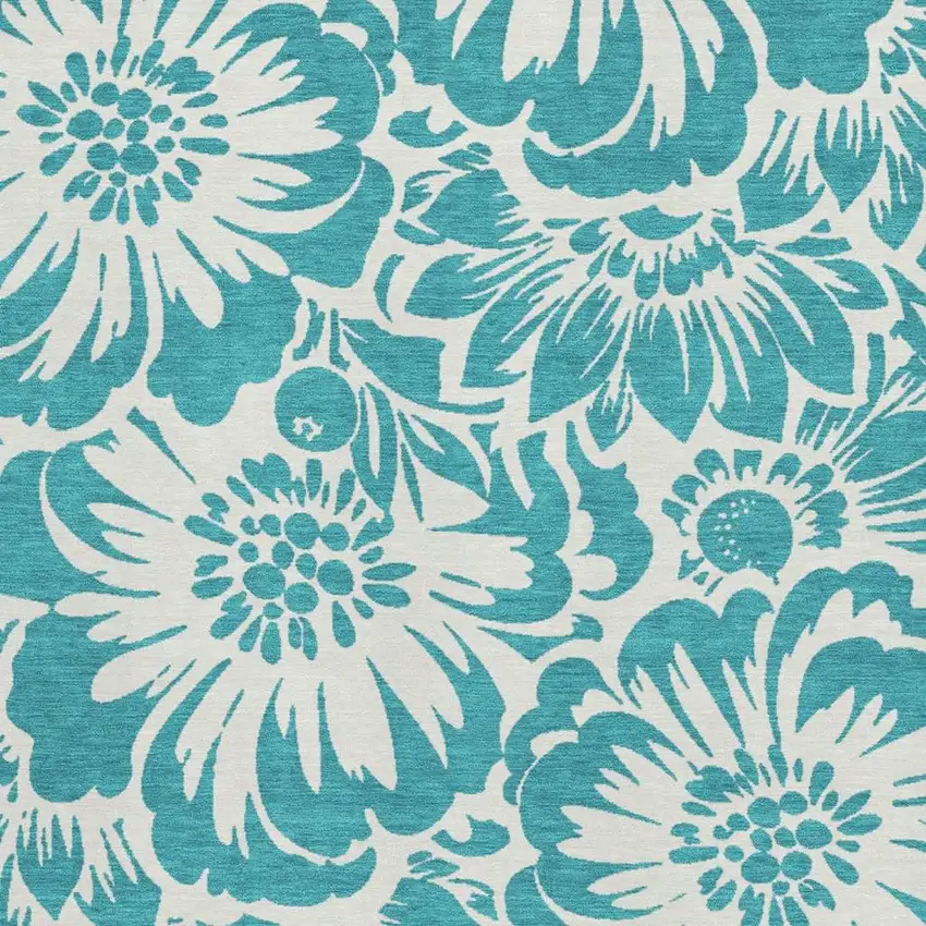 Teal And Ivory Floral Washable Area Rug With UV Protection Photo 4