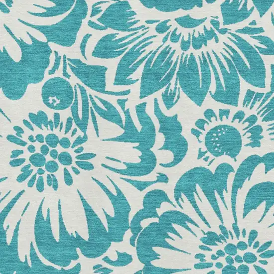 Teal And Ivory Floral Washable Area Rug With UV Protection Photo 3