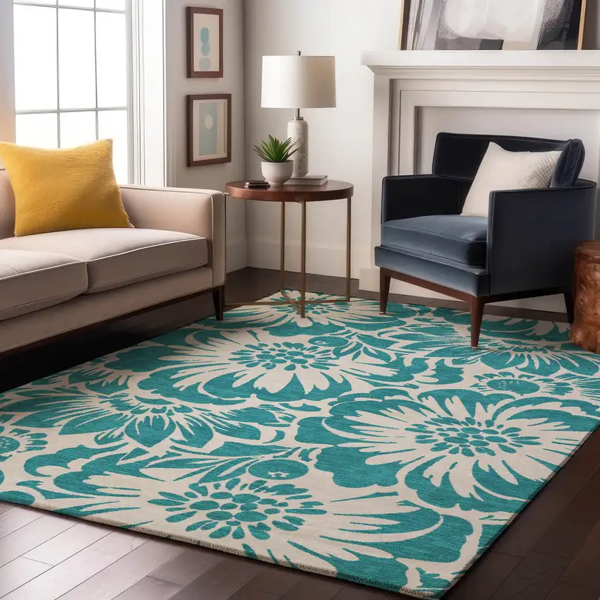 Teal And Ivory Floral Washable Area Rug With UV Protection Photo 5