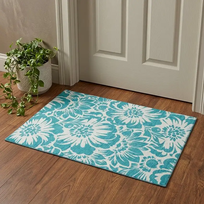 Teal And Ivory Floral Washable Area Rug With UV Protection Photo 1