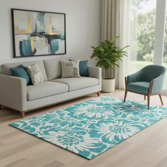 Teal And Ivory Floral Washable Area Rug With UV Protection Photo 1