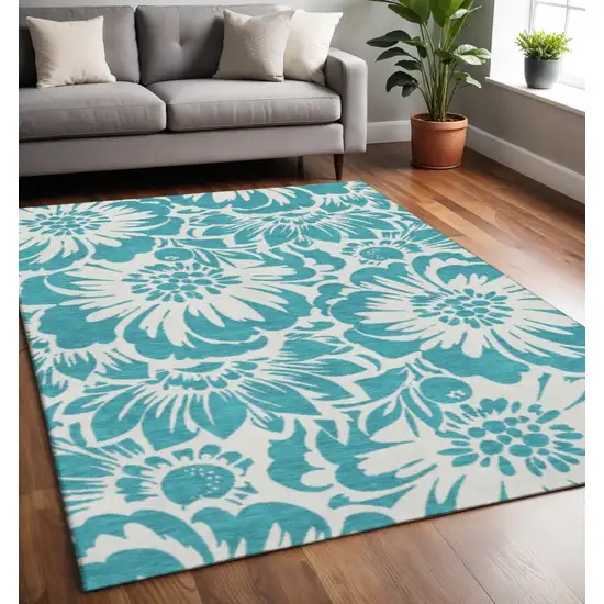 Teal And Ivory Floral Washable Area Rug With UV Protection Photo 2