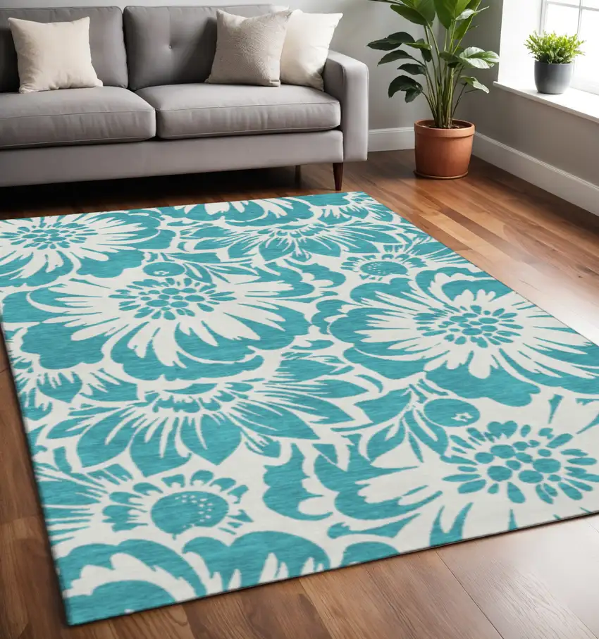 Teal And Ivory Floral Washable Area Rug With UV Protection Photo 2