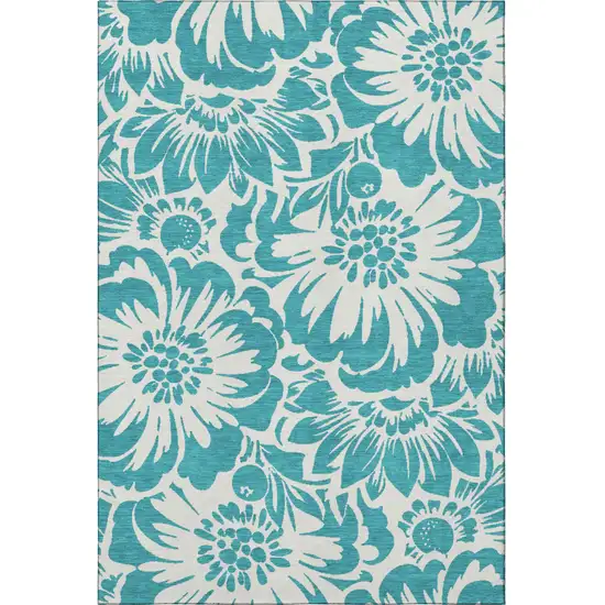 Teal And Ivory Floral Washable Area Rug With UV Protection Photo 4