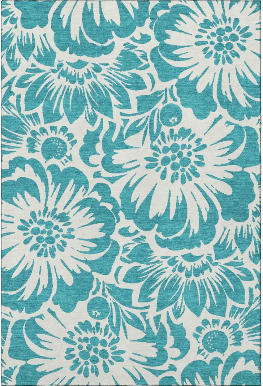 Teal And Ivory Floral Washable Area Rug With UV Protection Photo 4