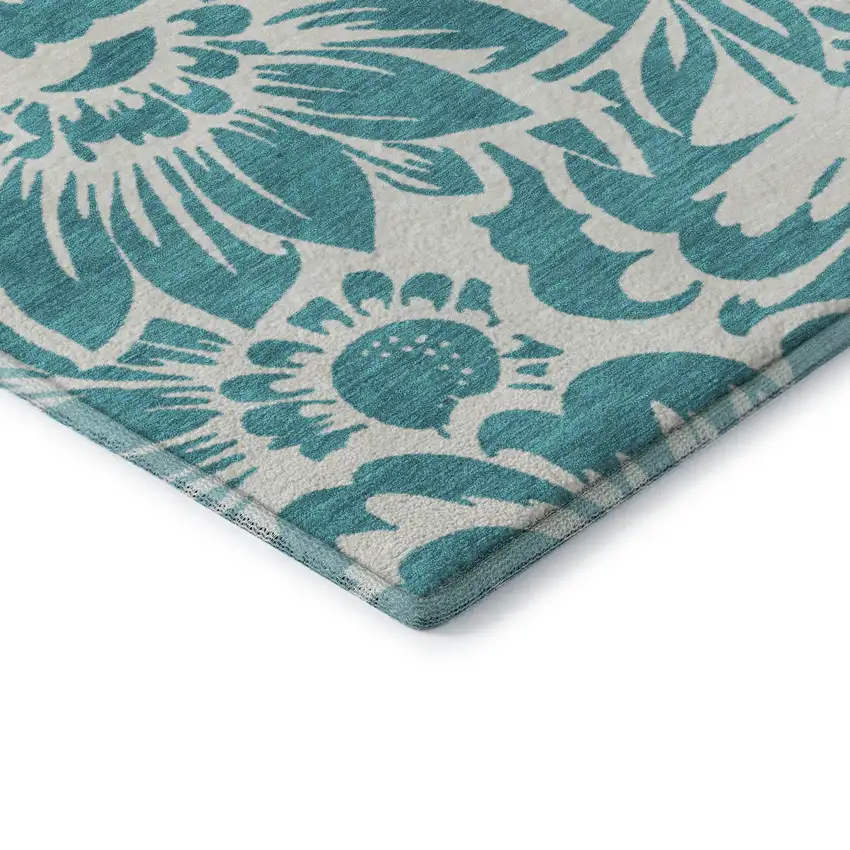 Teal And Ivory Floral Washable Area Rug With UV Protection Photo 9
