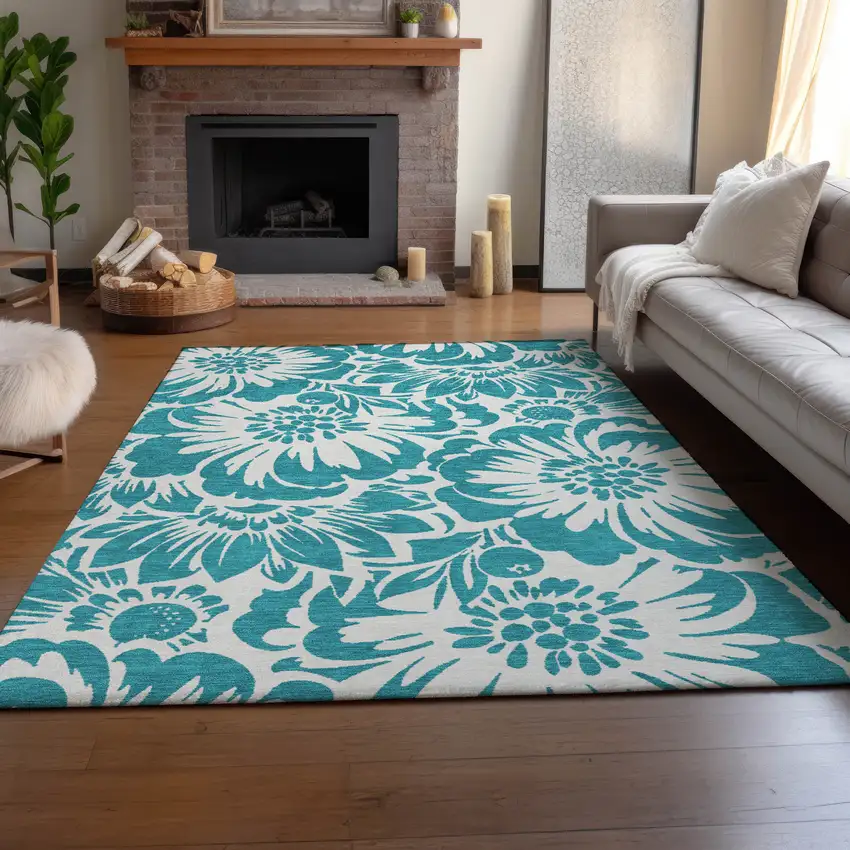 Teal And Ivory Floral Washable Area Rug With UV Protection Photo 6