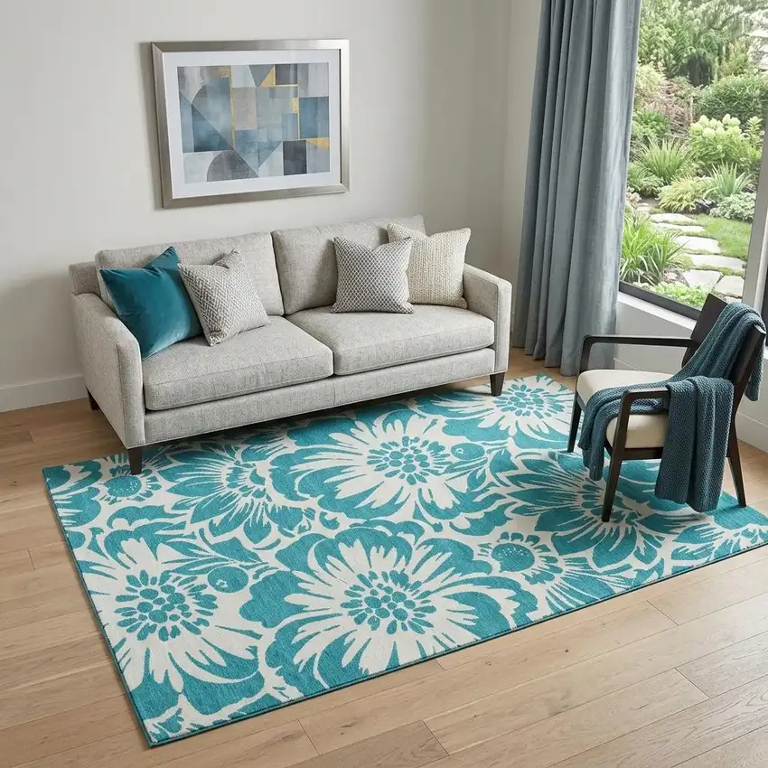 Teal And Ivory Floral Washable Area Rug With UV Protection Photo 1