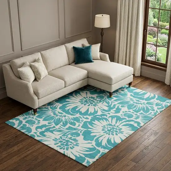 Teal And Ivory Floral Washable Area Rug With UV Protection Photo 1