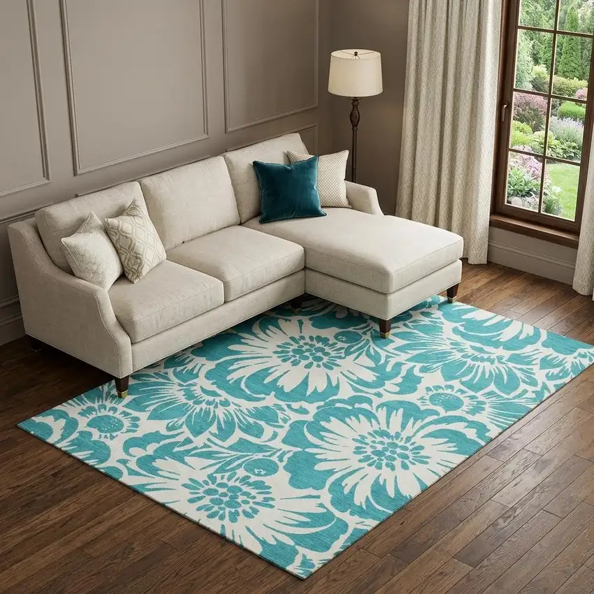 Teal And Ivory Floral Washable Area Rug With UV Protection Photo 1
