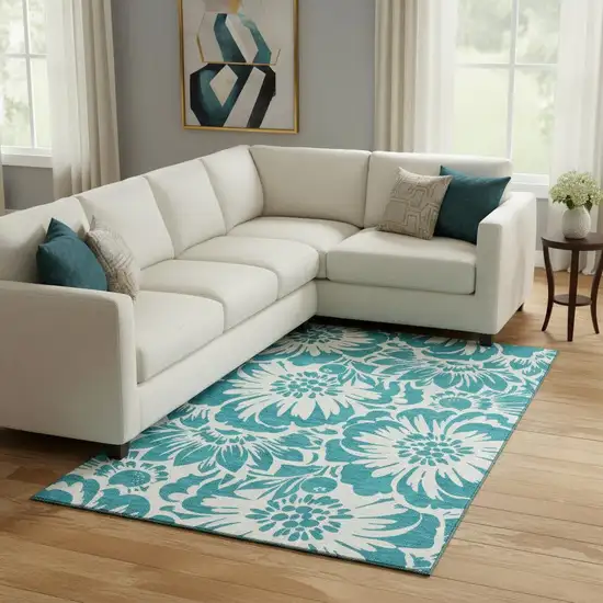 Teal And Ivory Floral Washable Area Rug With UV Protection Photo 1